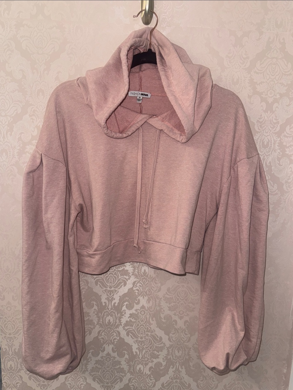 Fashion Nova Cropped Hoodie in Blush Pink with Balloon Sleeves